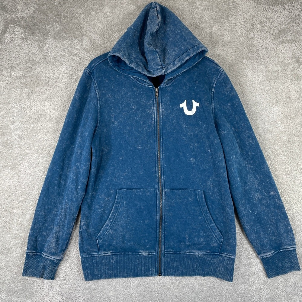 True Religion Buddha Hoodie Mens Medium Blue Acid Wash Logo Full Zip Sweatshirt